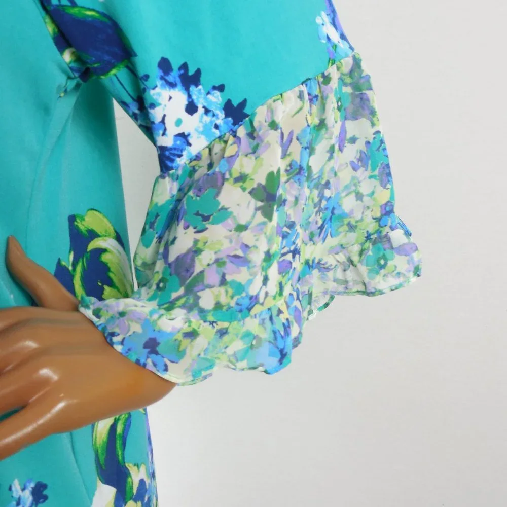 SUSAN GRAVER Top 1X Floral Blouse Stretch Green/Blue Print Chiffon Flared Sleeve - Picture 5 of 13